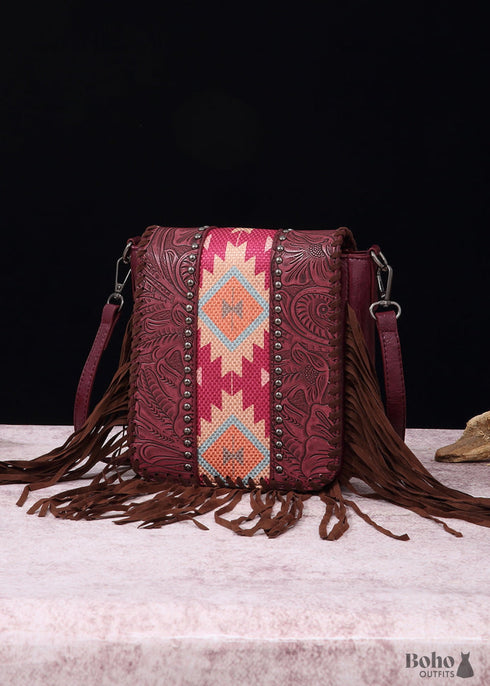 Boho Leather Carved Shoulder Bag